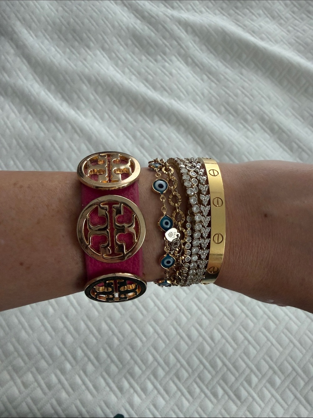 Tory Burch Fuchsia Leather Bracelet with Gold Logo Discs
